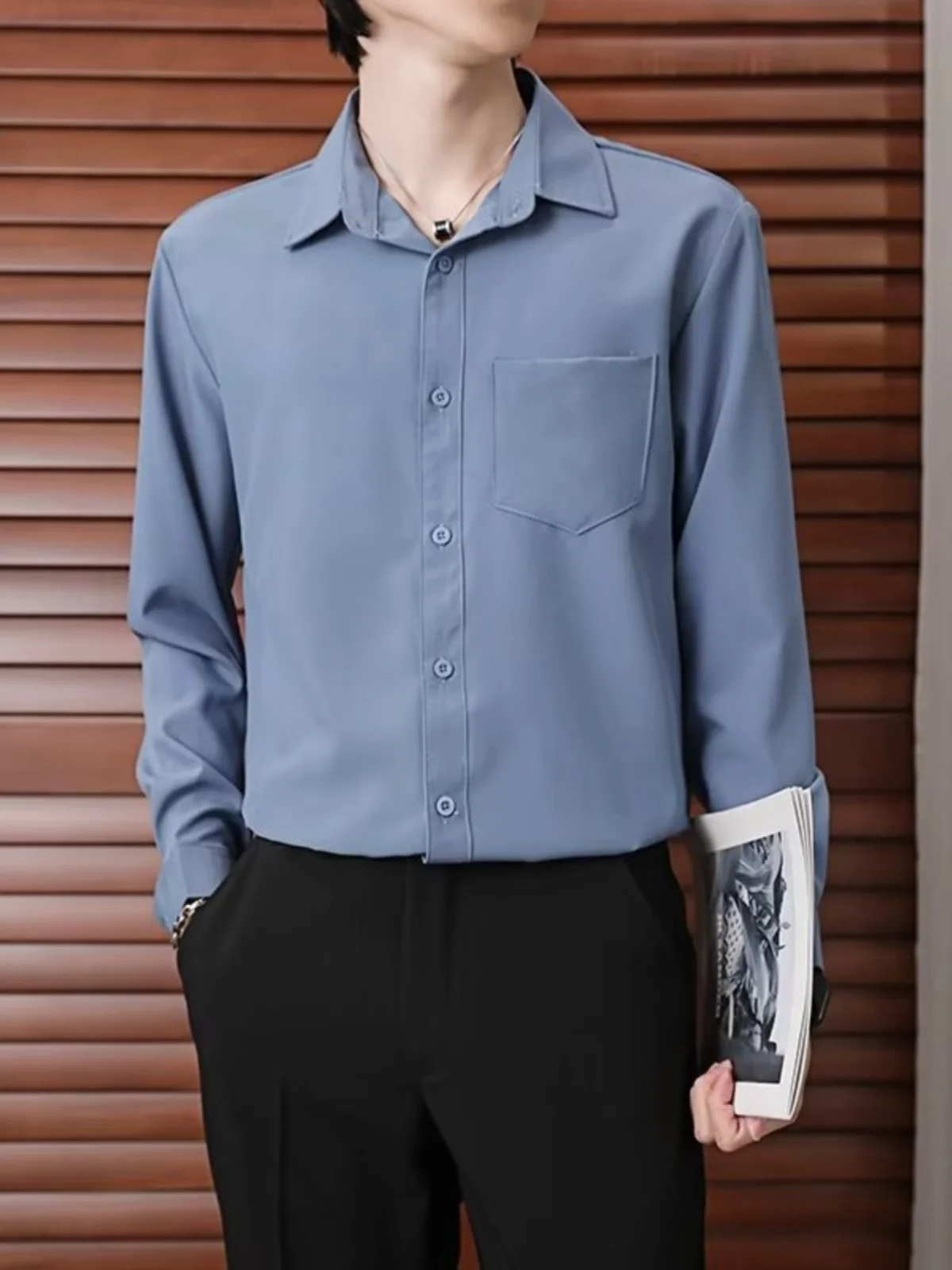 

Men's Long Sleeve Shirt Elegant Anti-Wrinkle Drapey Casual Versatile Spring Autumn Wear Iron-Free Korean Fashion Menswear