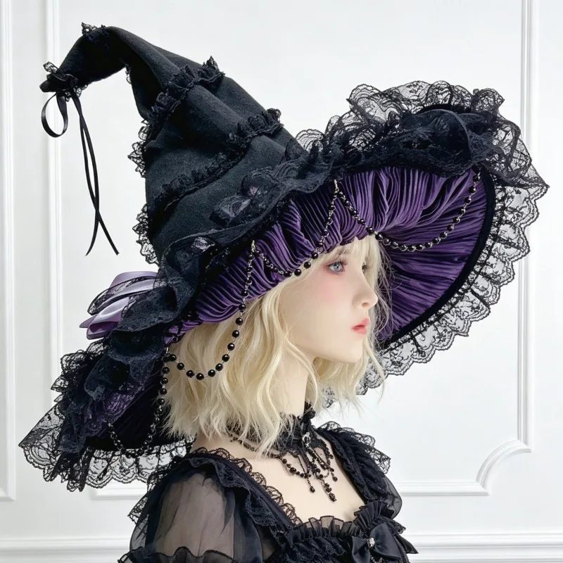 Halloween Handmade Gothic Lace Witch Hat Role-Playing Accessory Lolita Wide-Brim Pointed Top Bow Dark Witch Elf Hat Accessory