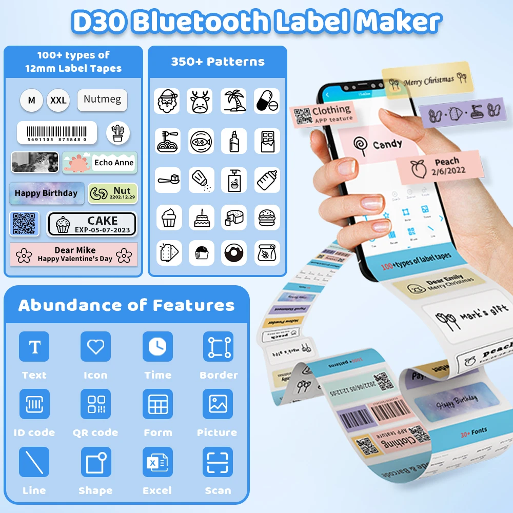 Printer Portable Wireless Bluetooth Phomemo D30 Sticker Label Maker Mini Printer many Templates Inkless for Home Office  Gifts