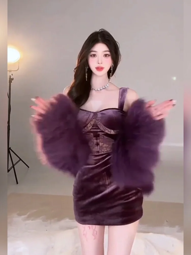 

XZY Ele Velvet Patchwork Strap Dr Women's plus Size Autumn Winter Purple Bodycon Skirt Korean Sle Commute Faion