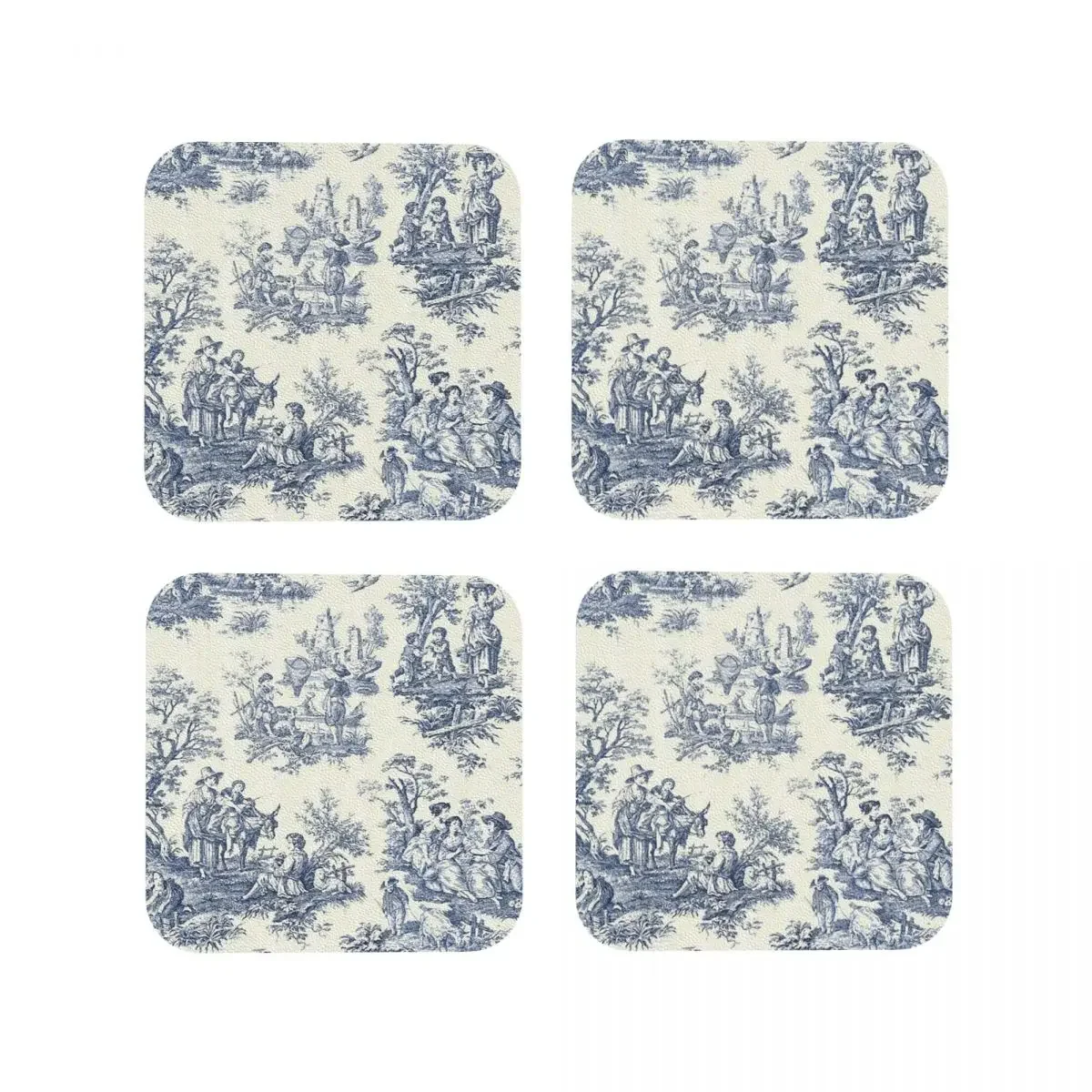 Powder Blue French Toile Picnic Design Coasters Kitchen Placemats Cup Coffee Mats For Decor Home Tableware Pads Set of 4