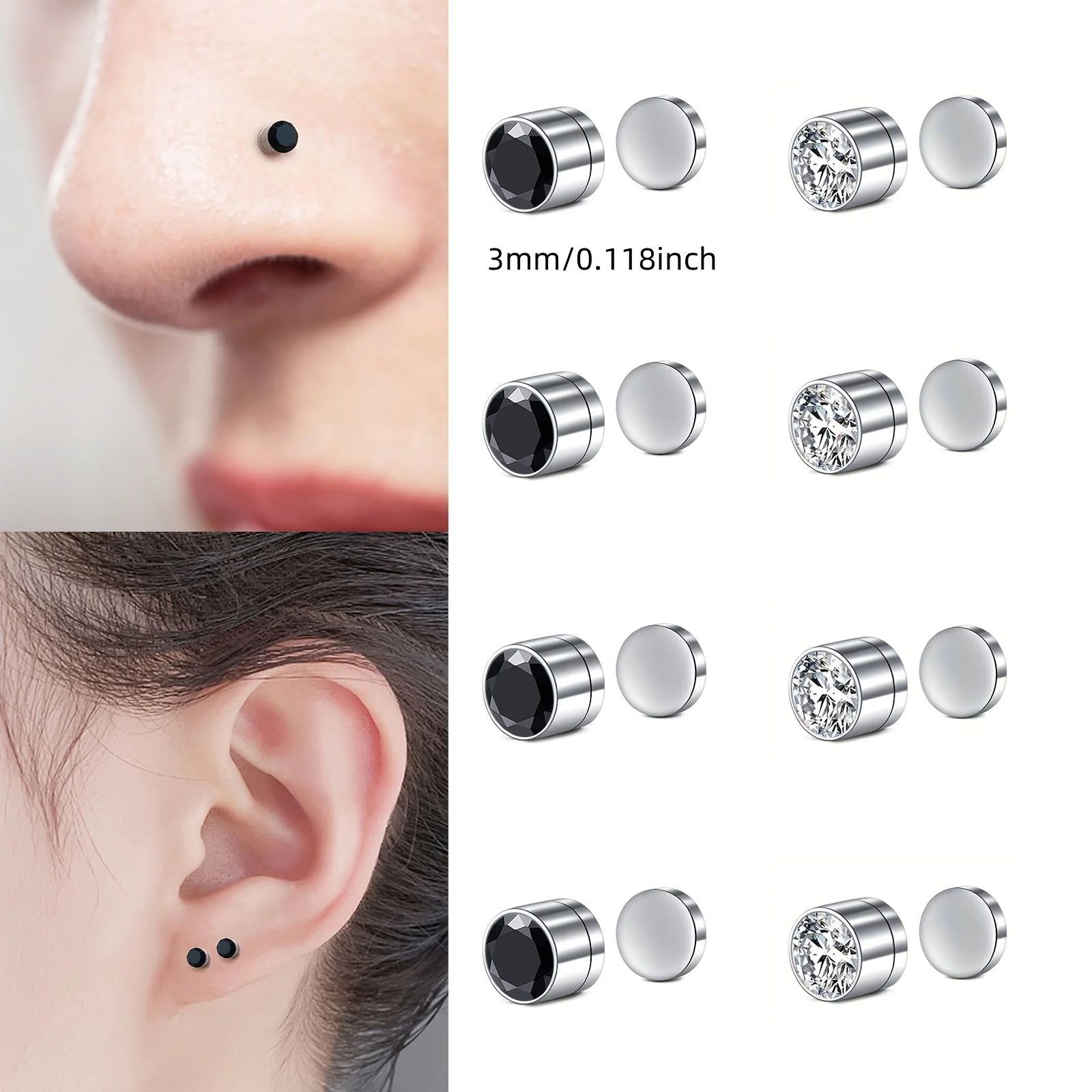 Set Of 8 Halloween-themed Magnetic Fake Nose And Ear Studs In Punk Style, Made Of Stainless Steel In Steel Color view 5