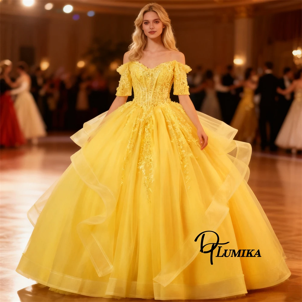 

DTLumika Желтое платье Quinceanera, женское многоярусное бальное платье с корсетом, милые платья 15, платья для выпускного вечера, дня рождения, индивидуальный размер