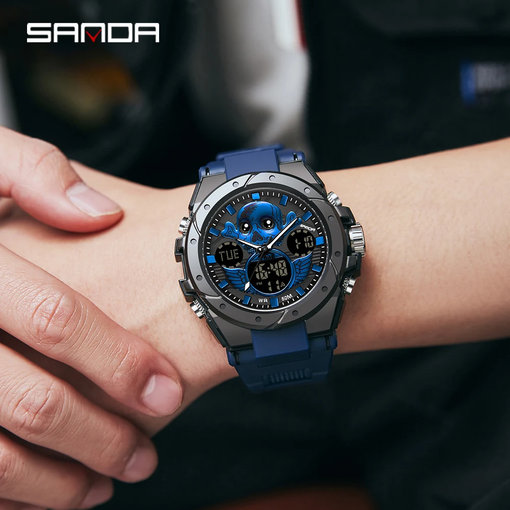 SANDA 6087 موضة رياضية للرجال LED كوارتز ساعات رقمية متعددة الوظائف 5ATM مقاوم للماء سيليكون ساعة معصم إلكترونية عادية #6