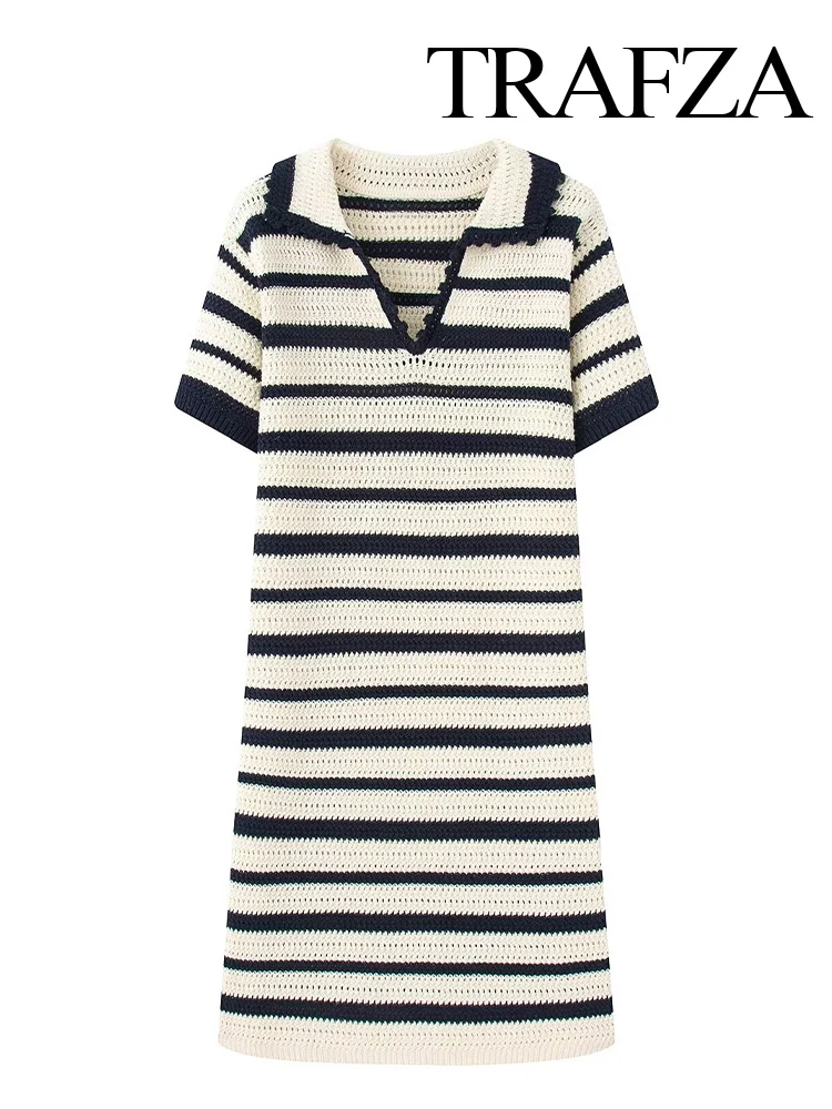 

TRAFZA Women Autumn Fashion High Twist Three-dimensional Cotton Polo Short Sleeve Dress Female Retro Striped Knitted Long Dress