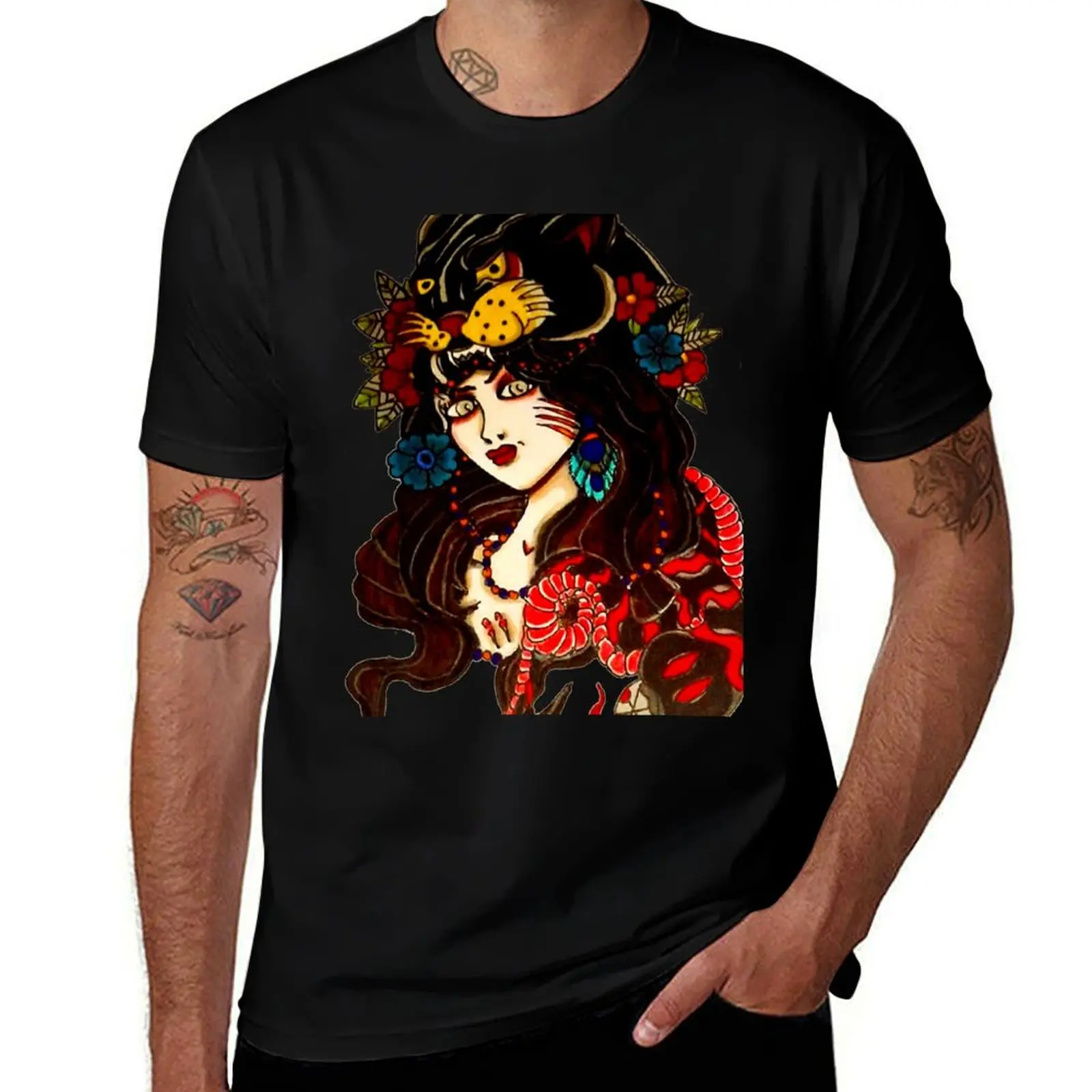 Lady With Panther Cowl: Traditional Tattoo Art T-Shirt Plus Size Short Sleeve T-Shirt