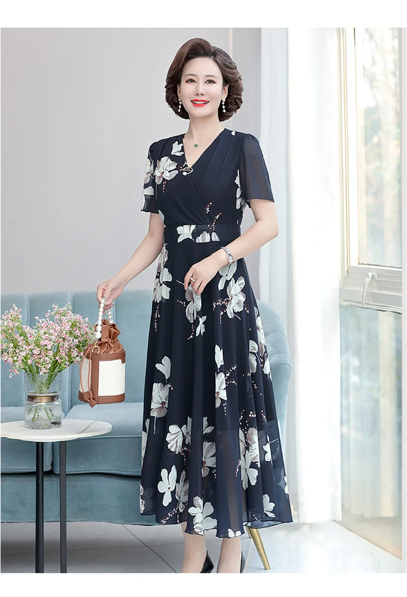 Summer Short Sleeved Chiffon Dress For Middle-aged And Elderly Women Trendy 2024 New Fashion Versatile Floral Long Skirt P384