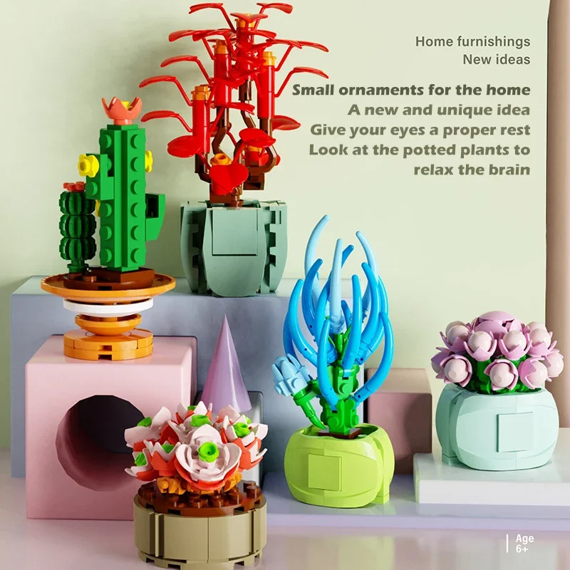 กล่องตาบอด Building Blocks ประกอบดอกไม้ Succulents พืชกระถางอิฐต้นไม้เครื่องประดับของเล่นเพื่อการศึกษาเด็กเด็กของขวัญ