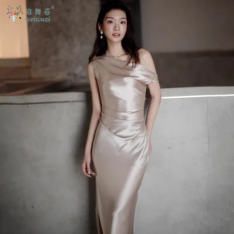 New French Style Simple Satin Champagne Gold Slant Neck Single Shoulder Evening Dress Wedding Bridesmaid Host Performance Dress