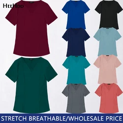 High Quality Elasticity Pet Clinic Nurse V-neck Medical Shirt Doctor Work Clothing T-shirt Solid Color Nursing Women Uniforms