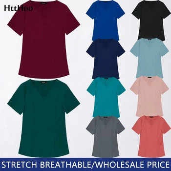 Hohe Qualität Elastizität Pet Klinik Krankenschwester V-ausschnitt Medizinische Hemd Arzt Arbeit Kleidung T-shirt Einfarbig Pflege Frauen Uniformen