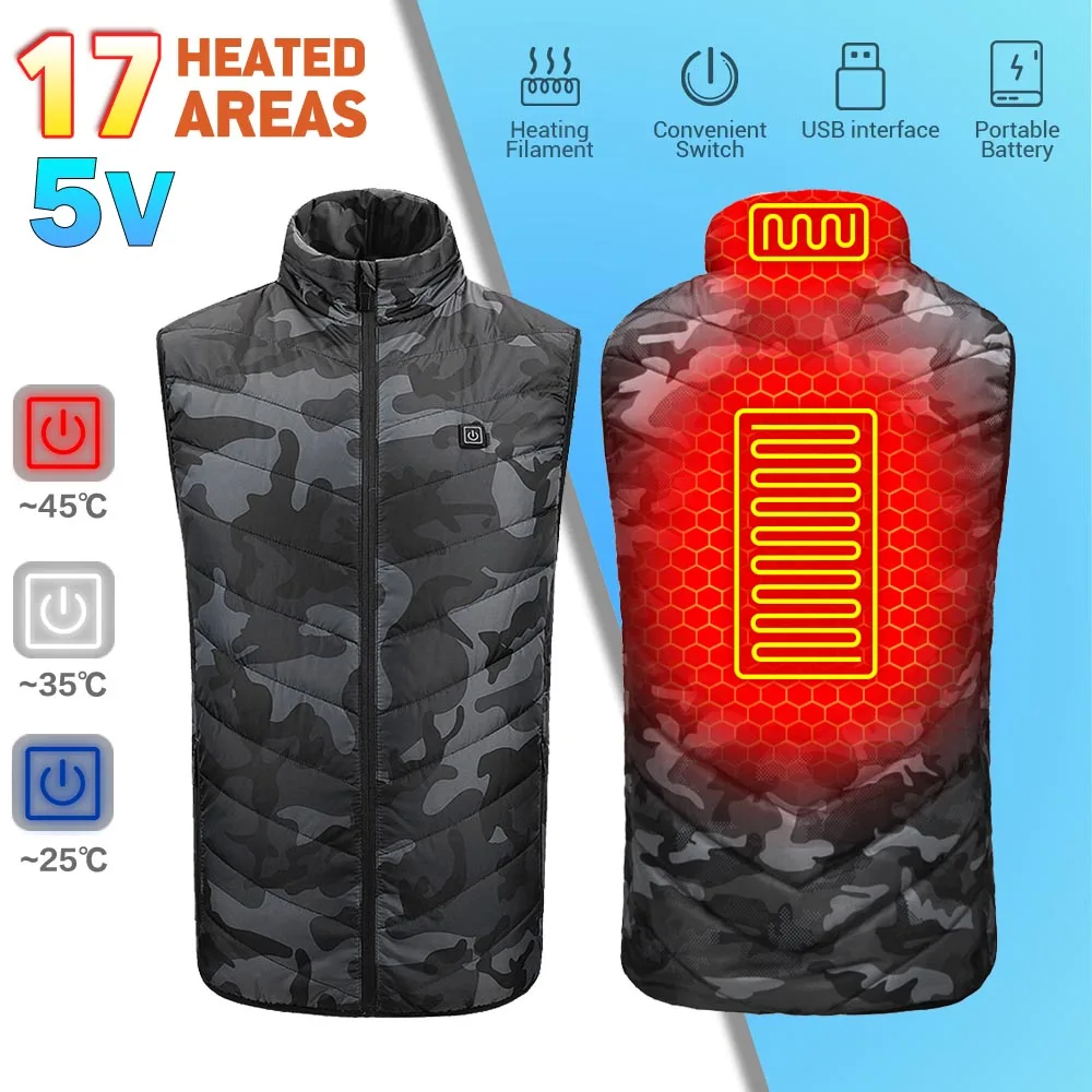 Intelligent USB Electric Heating Thermal Warm Clothes Winter Heated Vest Plussize 17 Heated Jacket Fashion Men Women Coat