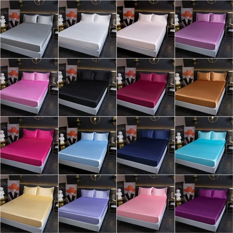 

3pcs High-End Solid Color Ice Silk Satin Fitted Sheet with Elastic Band Bedsheet Home Hotel Bedding Luxury Fit Sheet 단자 겉갓/얼음삿갓