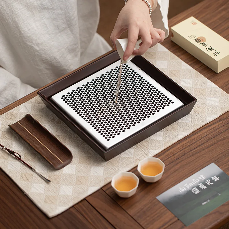 

Bamboo-Wood Alloy Tea Brewing Tray Minimalist Water-Reservoir Tea Tray Office Kung Fu Tea Set Teapot Stand