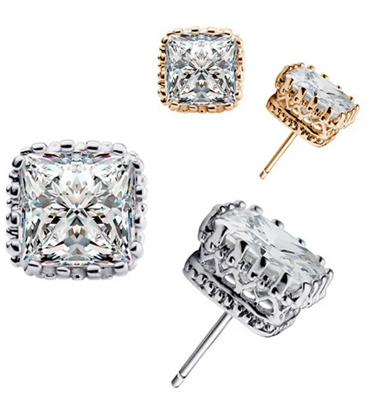 New Arrival Genuine 925 Sterling Silver Stud Earrings With 6MM Square Cubic Zirconia Ear Brincos Fast Shipping For Women\'s Gift