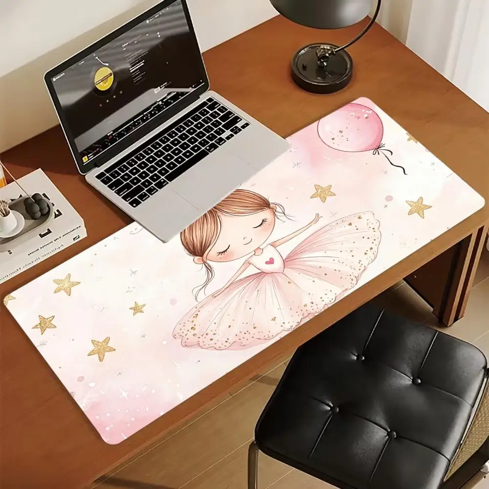 Sweet Ballerina Girl Pink Cloud Large Desk Mouse Pad Non Slip Rubber Keyboard Mat For Office Laptop Gaming Desktop Decor