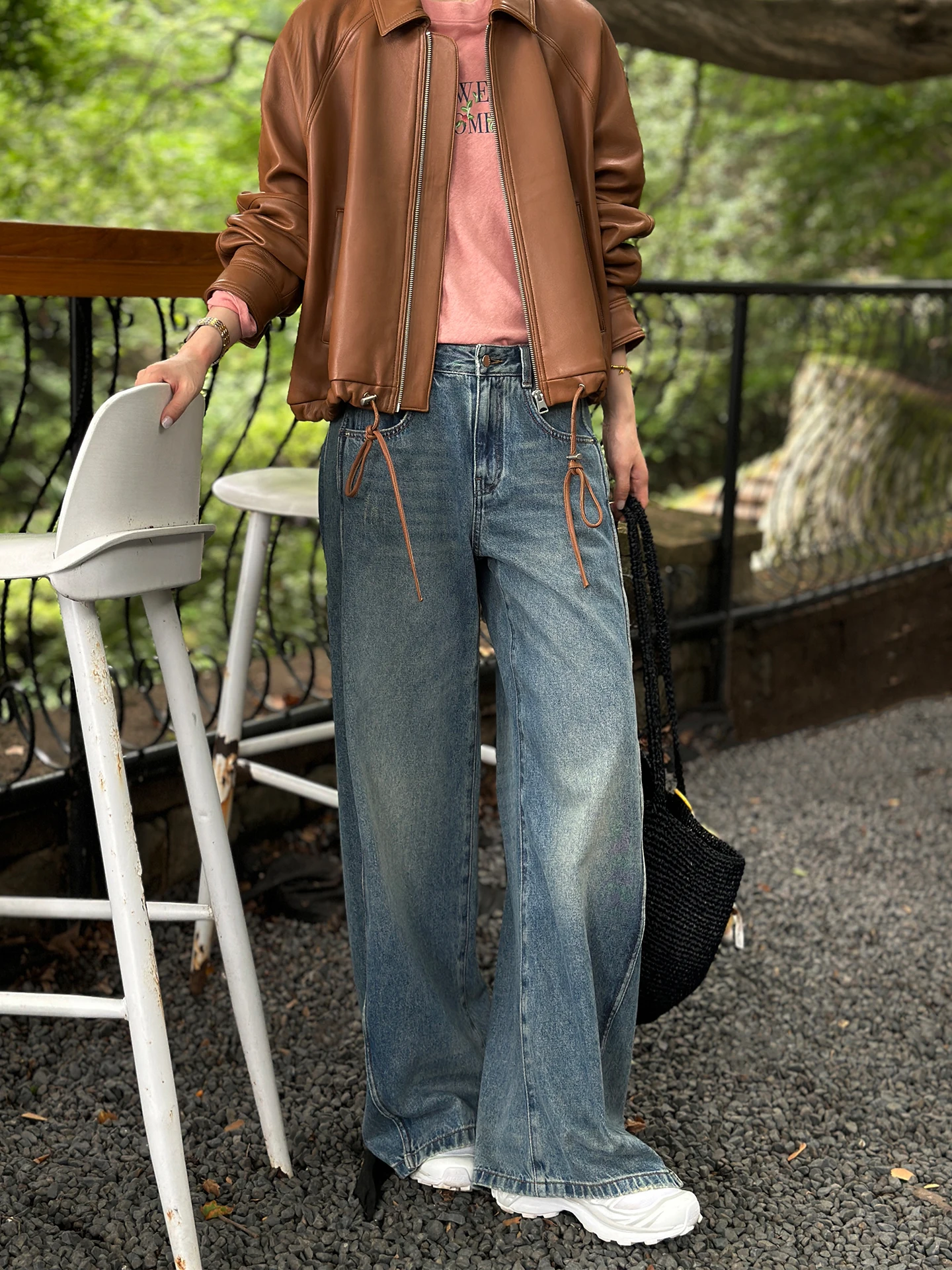 

Faionable Star Egg Ape Деконструированный дизайн Джинсы с высокой талией и широкими штанинами Хлопок Повседневная летняя женская свободная молния