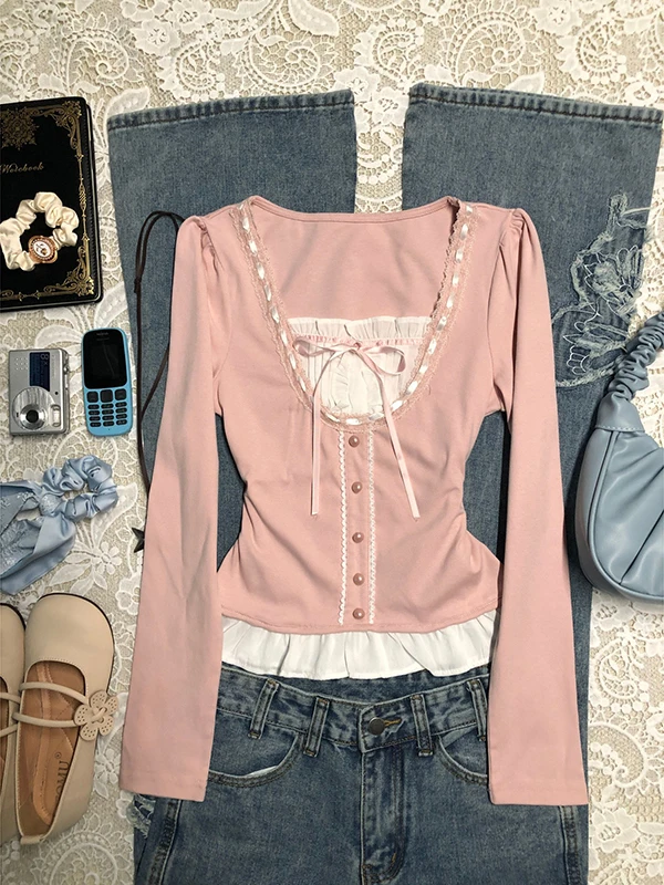 

Pink Long Sve T-irt Women's Original Soft Cotton Spring 2025 New Sle Splice Wood ain Ruffle Casual Slim Fit Tee