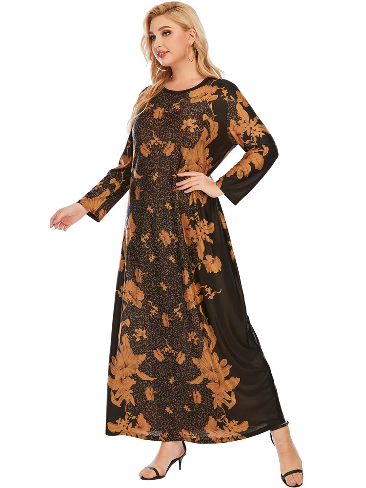 Sukienka Plus Size Kobieta Jesień Zima Długi Rękaw Retro Kwiatowa Sukienka Vintage Luźna Ponadwymiarowa Dubaj Abaya Turcja Islamska Odzież