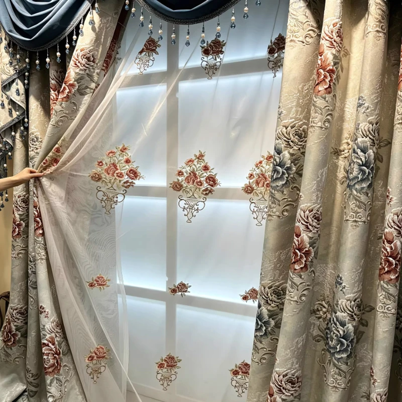 American High-end Luxurious Thickened Embossed Jacquard Curtains Blackout Customization Curtains for Living Dining Room Bedroom