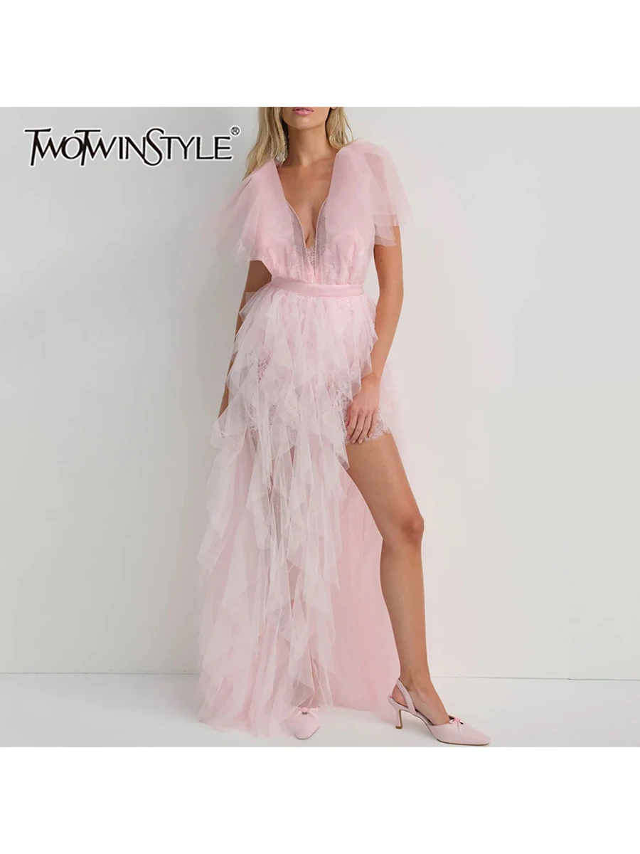 

TWOTWINSTYLE Solid Spliced Mesh Slimming Dresses For Women V Neck Short Sleeve High Waist Temperament Long Dress Female Fashion