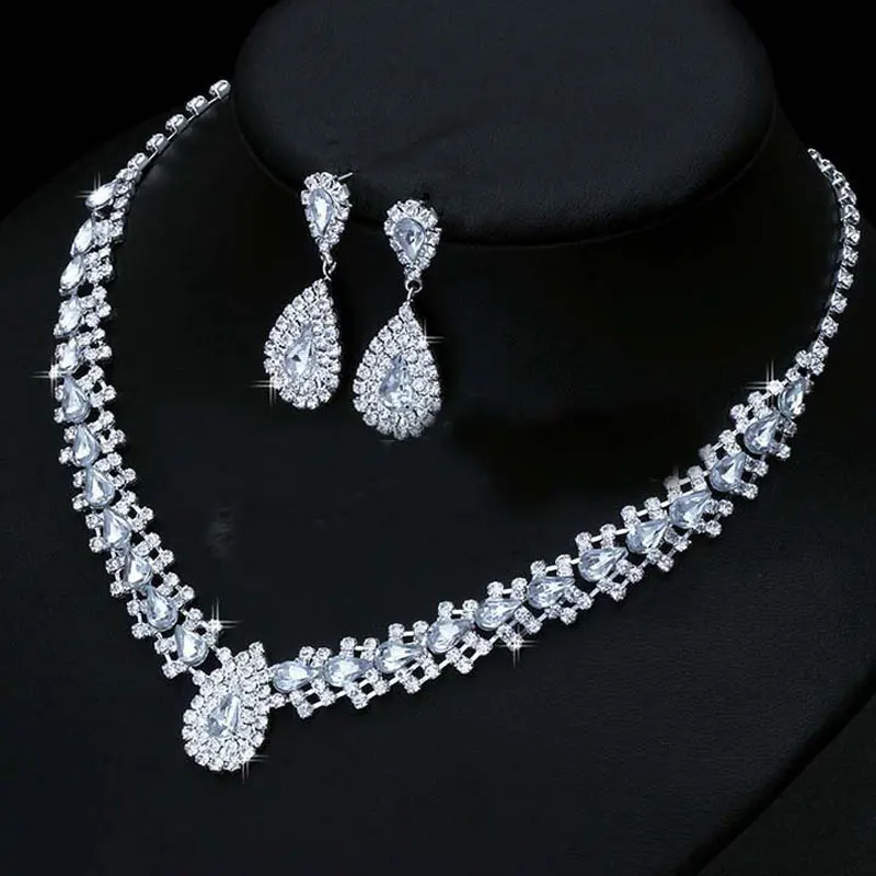 Luxurious Wedding Jewelry Sets for Bridal Bridesmaid Jewelery Drop Earring Necklace Austria Crystal Wholesale Gift