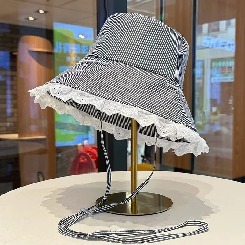 

New Style Big Eaves Lace Stripe Outdoor Sunshade Fisherman Hat Female