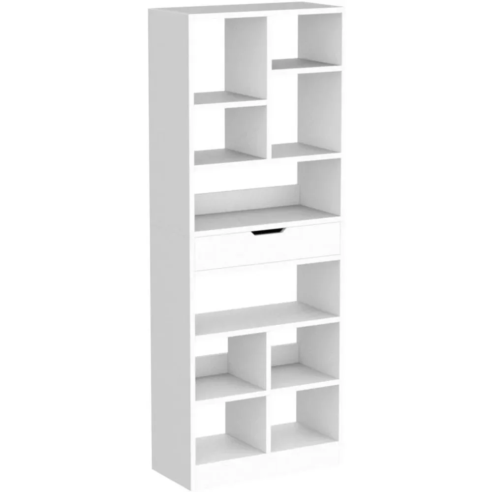 Wooden Open Shelf Bookcase -71 Inches Tall Freestanding Display Storage Cabinet Organizer Floor Standing Bookshelf in Warm White