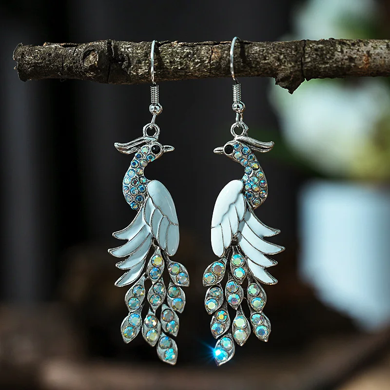 Blue Drop Oil Rhinestone Peacock Earrings for Women Ethnic Vintage Long Silver Color Geometric Animal Earrings Boho Jewelry Gift
