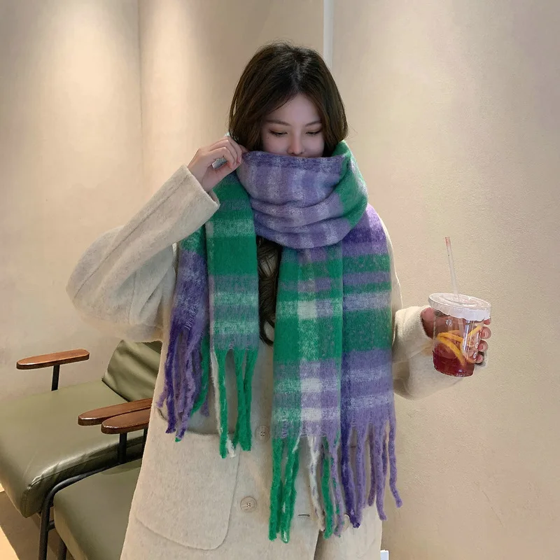 

Winter Cashmere Women Plaid Scarf Thicken Warm Long Pashmina Shawl Wraps Scarves Soft Bufanda Big Tassels Rainbow Stole Hijabs