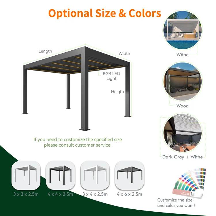 Outdoor Motorized Aluminum Louvered Roof Waterproof Dimmable Rgb Lighting Modern Bioclimatic Pergola