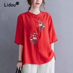 New Summer Women's Chinese Ethnic Style Embroidery Shirt Vintage Stand Collar Cotton Linen Blouse Ladies Loose Short Sleeve Tops