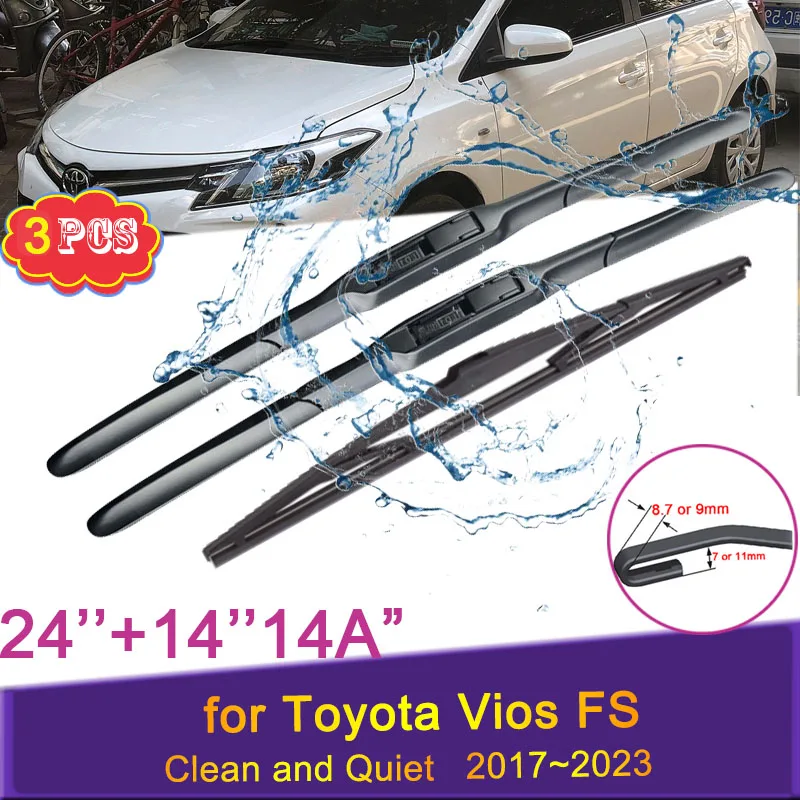 3x Car Wiper Blades for Toyota Vios FS Yaris XP150 2017~2022 2019 2020 2021 Front and Rear Windshield Wipers Auto Accessories