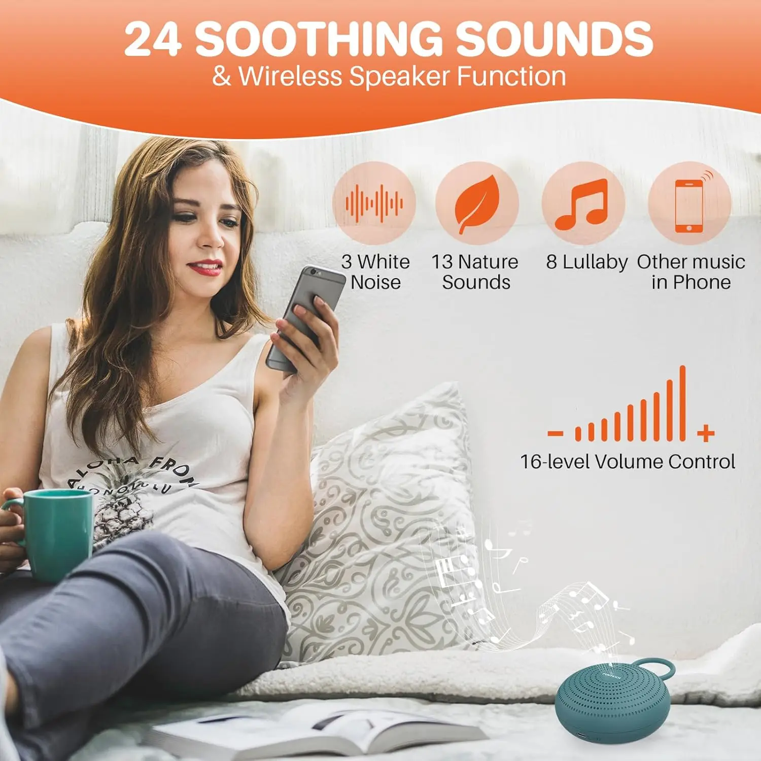 آلة صوت الضوضاء البيضاء للسفر مع 24 صوتًا مهدئًا، 7 إضاءة ليلية، آلة صوت محمولة للأطفال البالغين، مؤقت للنوم