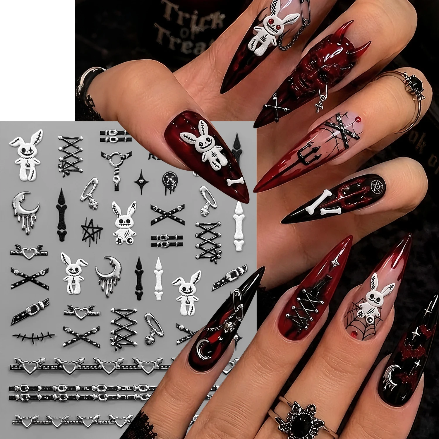 5D Halloween Punk Metal Nail Art Stickers Silver Black Rivet Buckle Belt Bandage Rabbit Love Bone Chain Self‑Adhesive Nail Decal