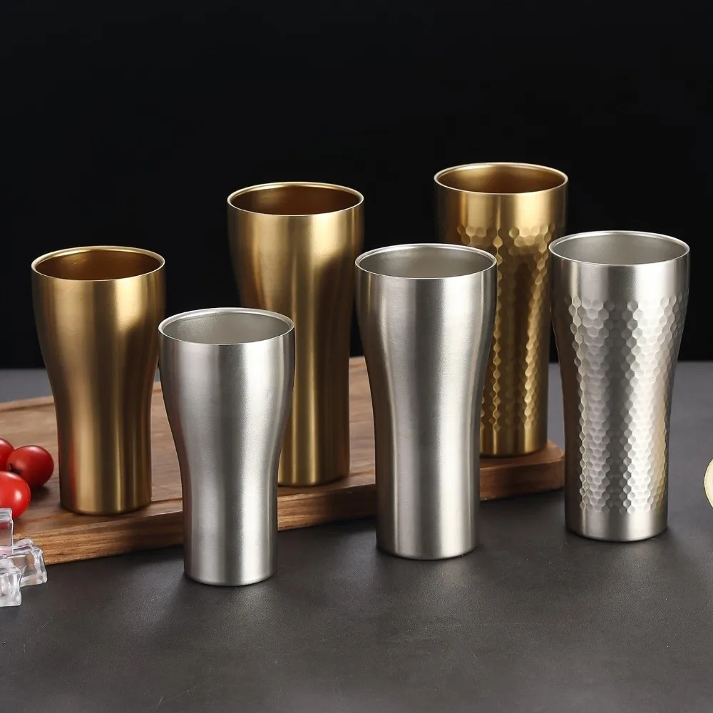 New Double-Wall Beer Cups Hammered Texture Keep Cold Milk Mugs Stainless Steel Anti-fall Juice Tea Cup Bar