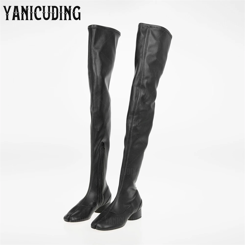 

Over-the-Knee Tabi Boots Black Soft Leather Thigh-High Spite Toe Boots Designer Style 3cm Cylindrical Heel Side Zip Women Boots