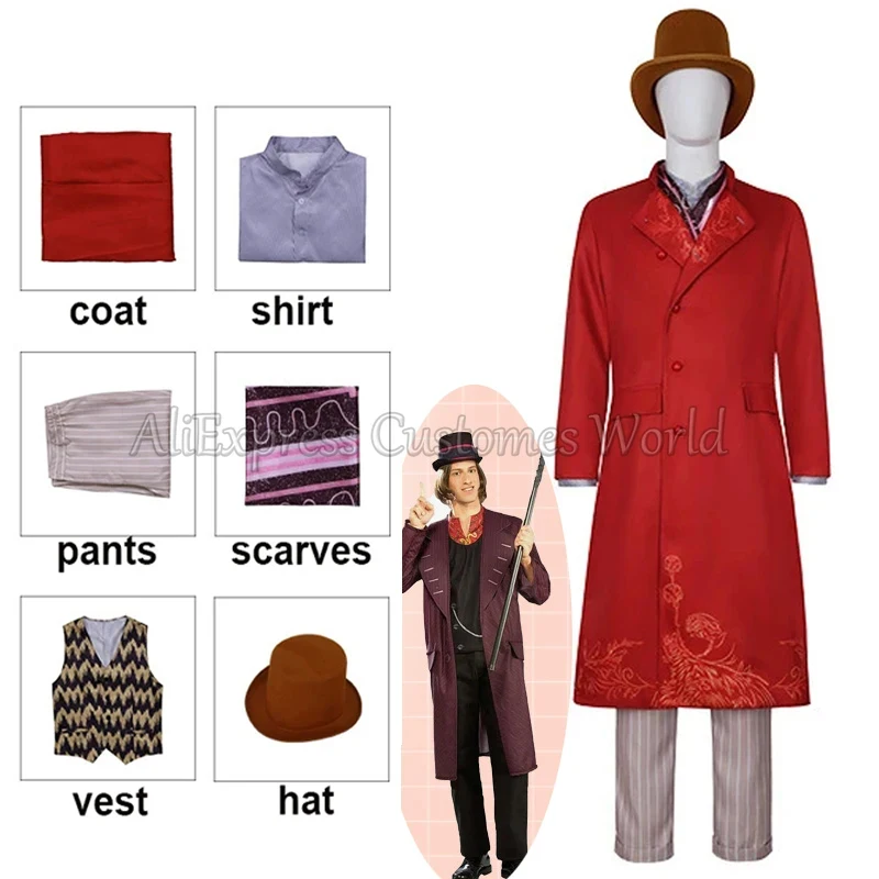 ✿ 2026 ✿ Disfraz de Cosplay de Willy Wonka de la Película Anime Chalamet, Traje de Abrigo Rojo de Willy Wonka para Hombre, Atuendos de Lujo ✿