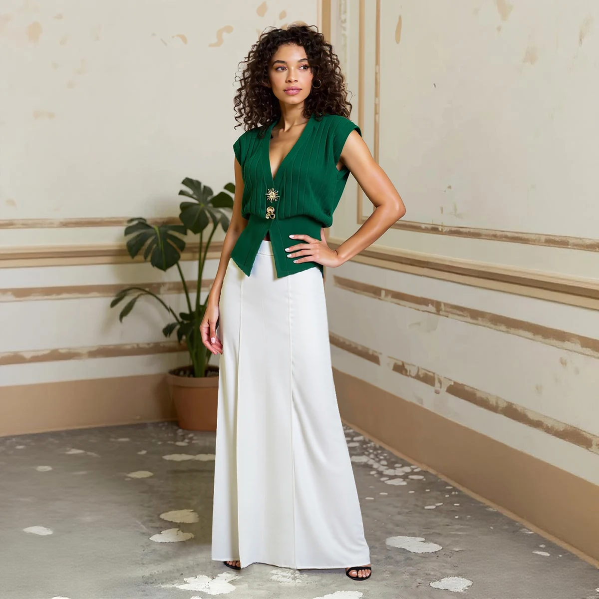 UOOZEE Women's Vintage Elegant Green Knit Vest Tops Gold Buckle Sleeveless V-Neck Cropped Formal Business Waistcoat For Ladies