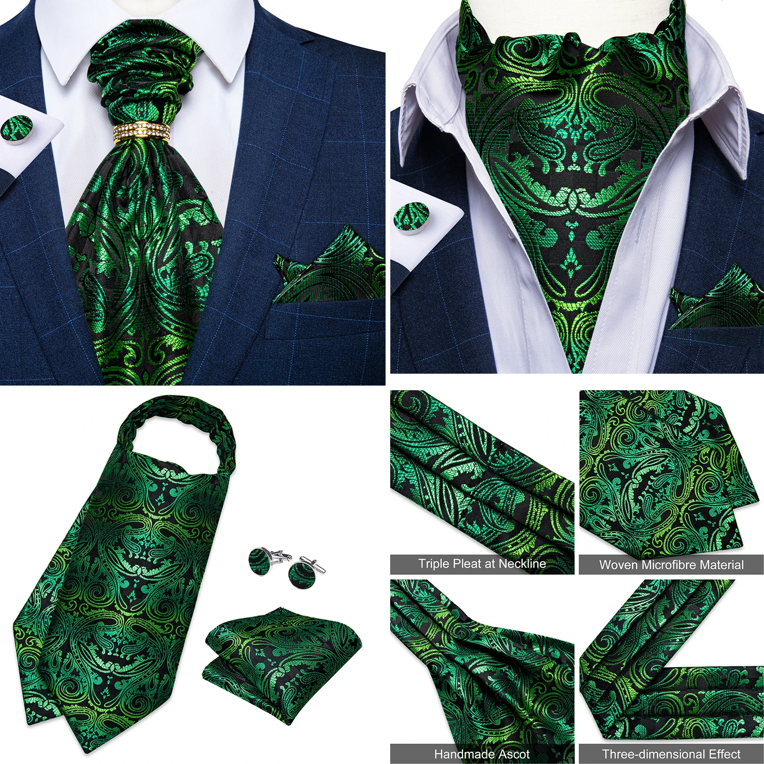 Luxury Men Green Blue Paisley Ascot Tie Set Solid Necktie Ring Wedding Party Cravat Purple Ties Pocket Sqaure Cufflink Free Ship