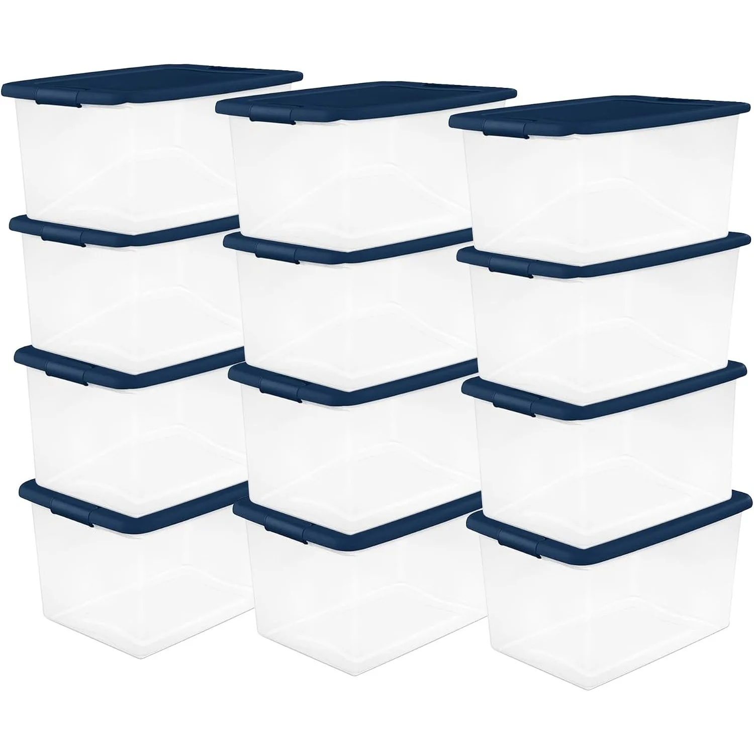 Color Program, Large Clear Plastic Storage, 64 Quart, 12-Pack | Clear Bins with Blue Lids - Stackable Organizing Container Boxes for Closet, Bathroom, and Office