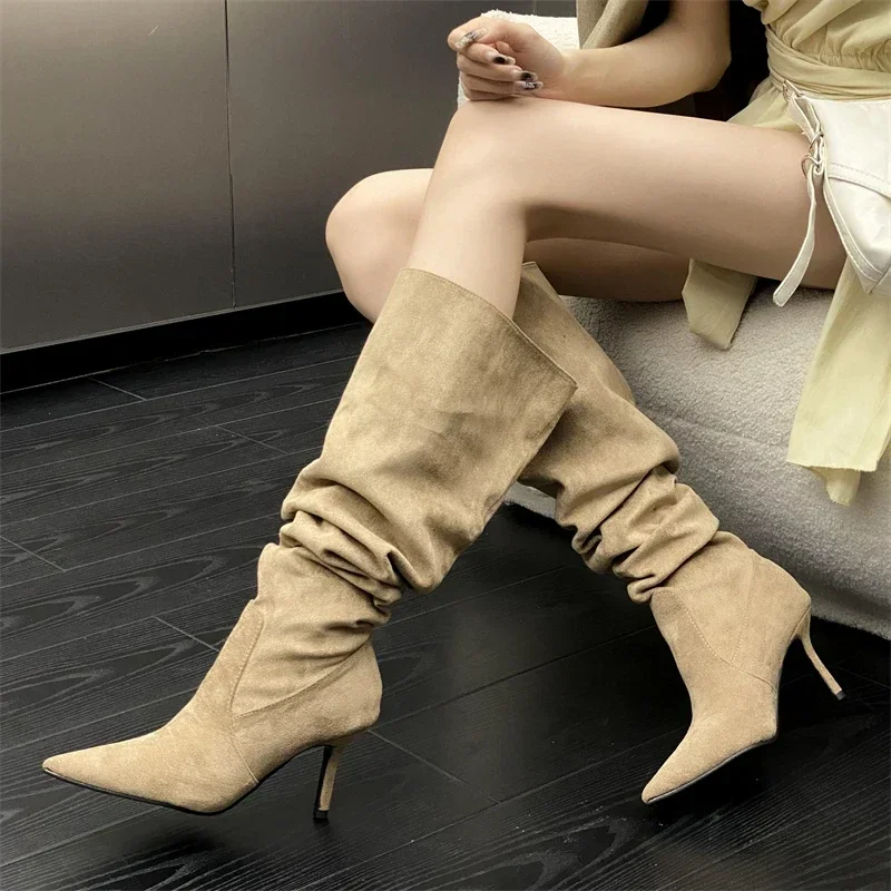 2025 Autumn Winter Sexy Thin Heels Knee-High Boots Women Pointed Toe Party Prom Ladies Shoes Elegant Long Botas De Mujer