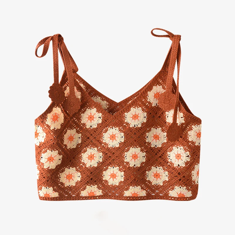 Daisy Crop Crochet Top with Tie Shoulder Open-knit Cami Tank Vest Women Teengirl Boho Summer Vacation Bohemian Beach Clothes