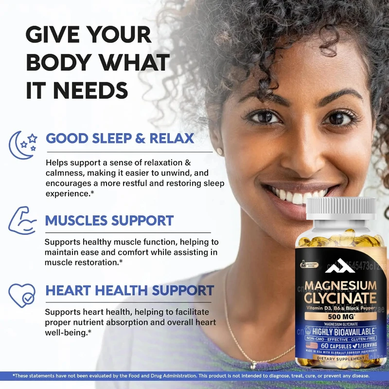 

Magnesium Glycinate 500mg - Chelated Supplement -98% High Absorption - Supports Sleep, Muscle, and Heart Health