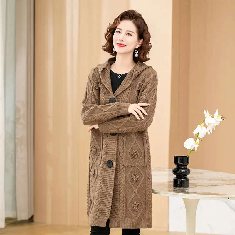 2024 Winter Autumn Women Cosy Knitwear With Flower Sculptured Cable-Knit Coat Gray Camel Bulky Rib Crossover Cardigan Sweater