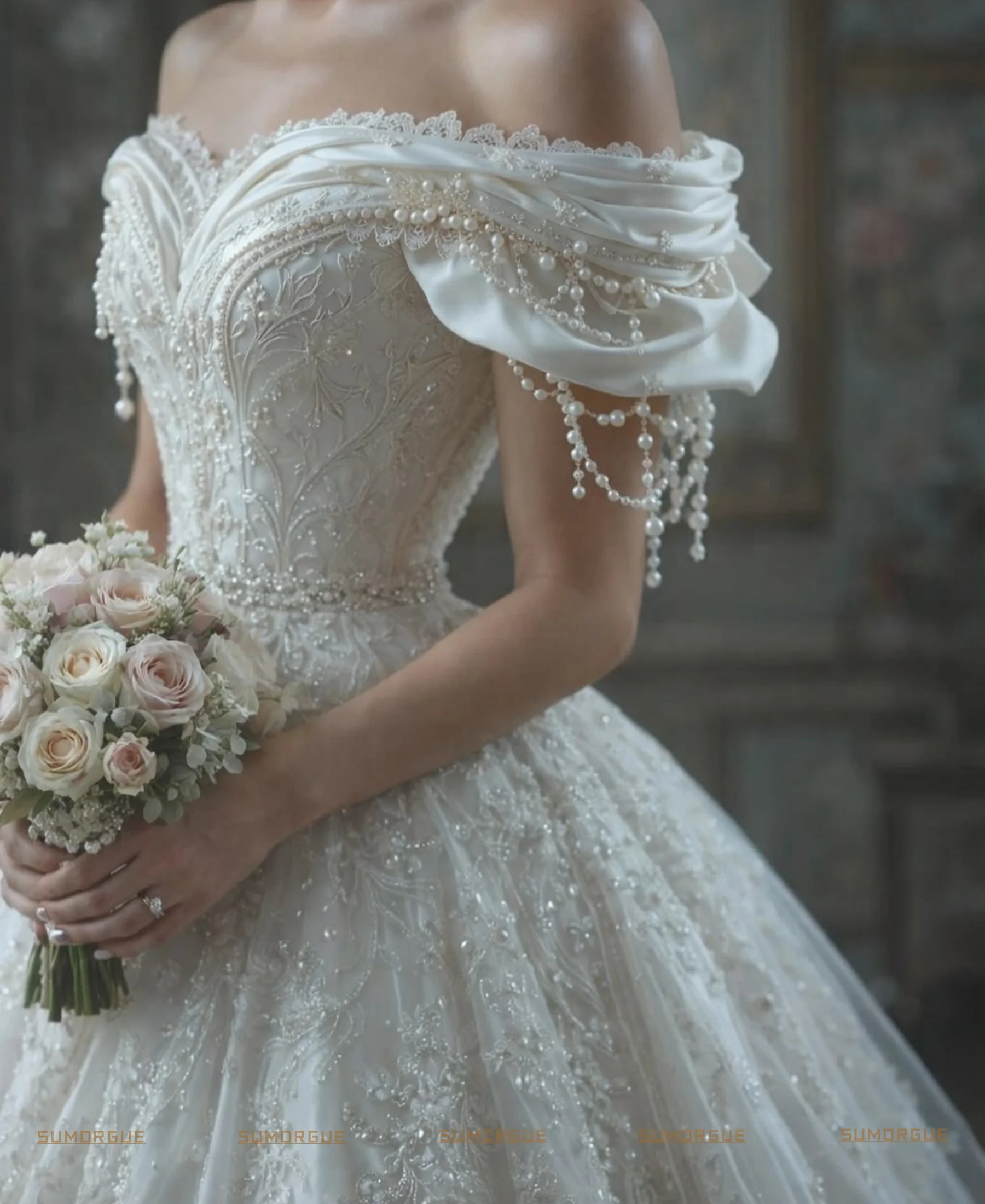 Elegant-Shiny A-Line Lace Bead Decoration Off Shoulder Wedding Dress Trailing Bridal Gown  High-end Customized Vestidos De Novia