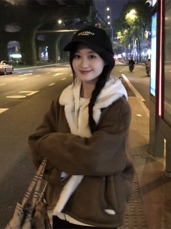 Lamb Fur Inteated Leather Coat Women's ort Thiened Autumn Winter Warm Casual Loose Fit Cotton Jaet with Collar