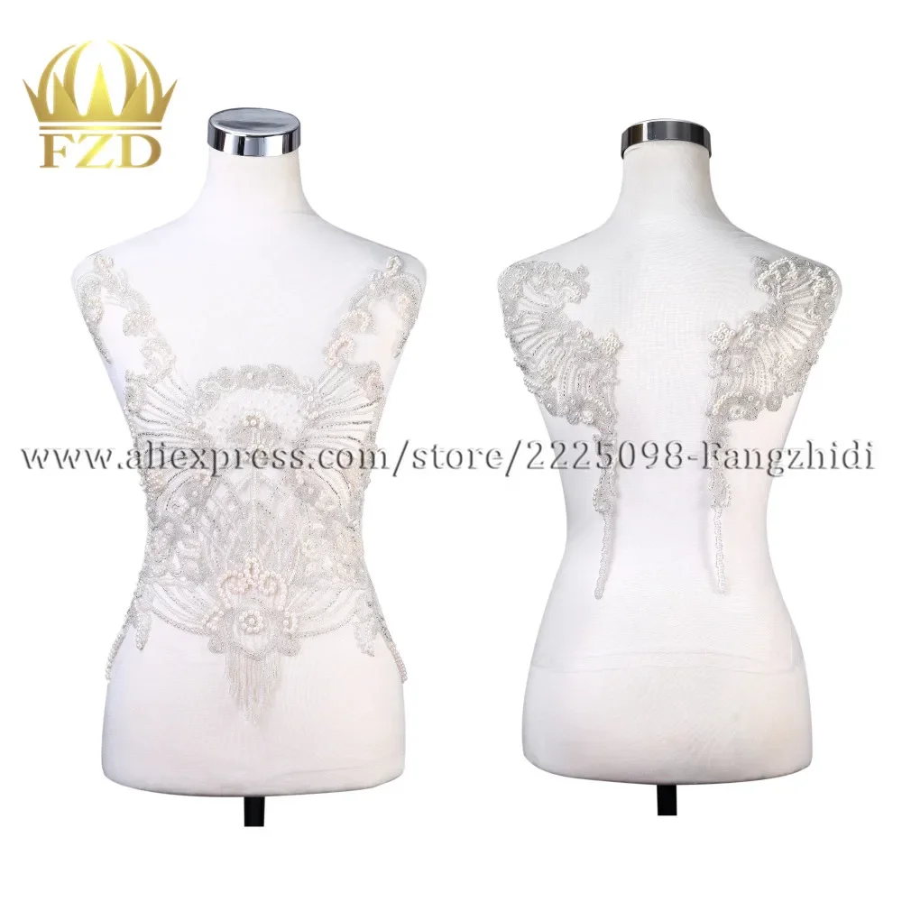 

FZD 1 Set Clear Crystal Pearl Party Silver Patches White Beads Decorative Patch for Wedding Dresses DIY Decorative Clothes