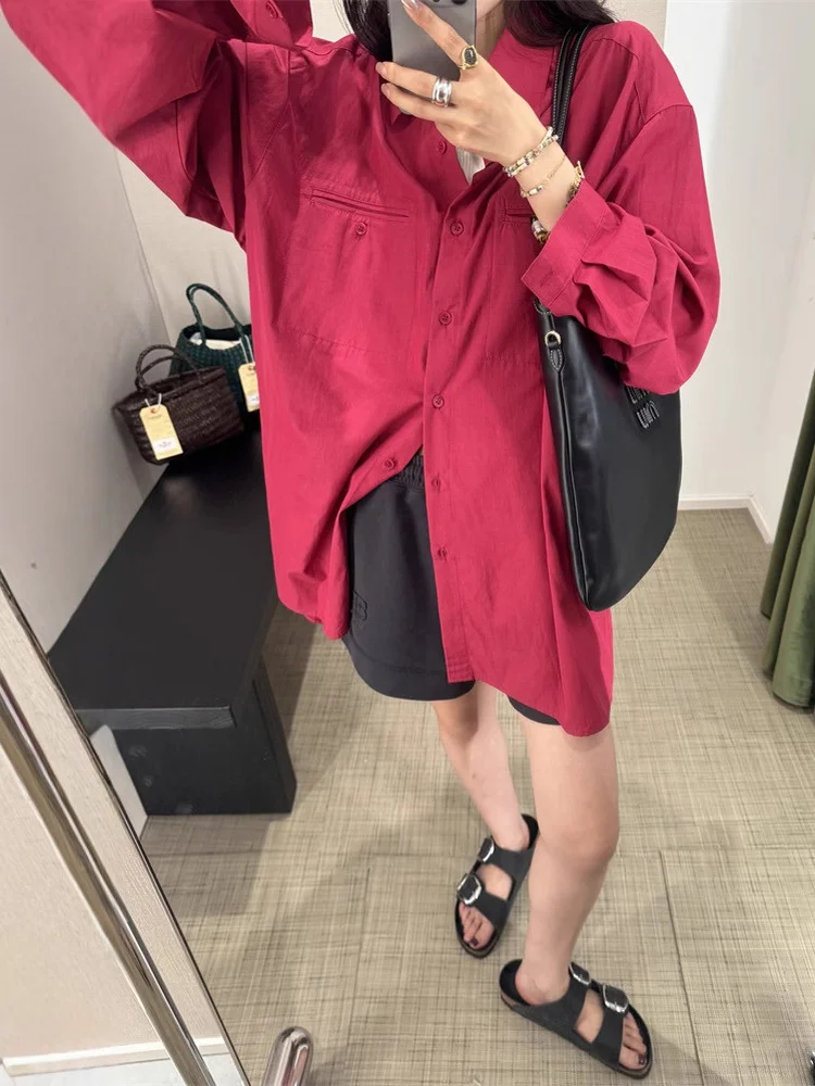 فضفاض طويل Sve المرأة irt النبيذ الأحمر ملابس خارجية التخسيس كسول Sle Dongda بوابة القطن عادية Faion حجم كبير