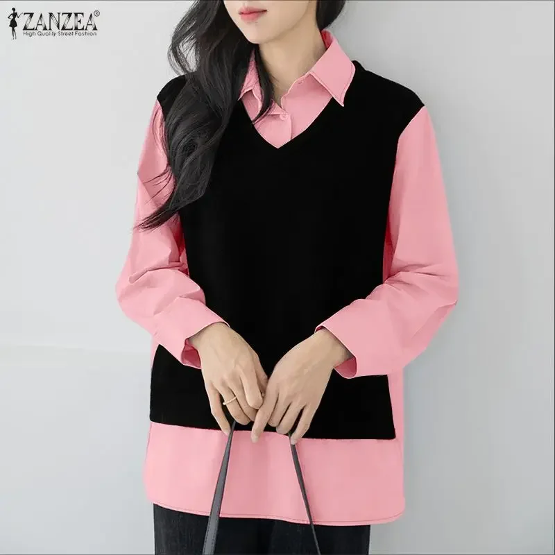 

2026 ZANZEA Stylish OL Work Shirts Women Spring Patchwork Blouse Fake 2 Pieces Tops Femme Elegant Lapel Neck Long Sleeve Shirt